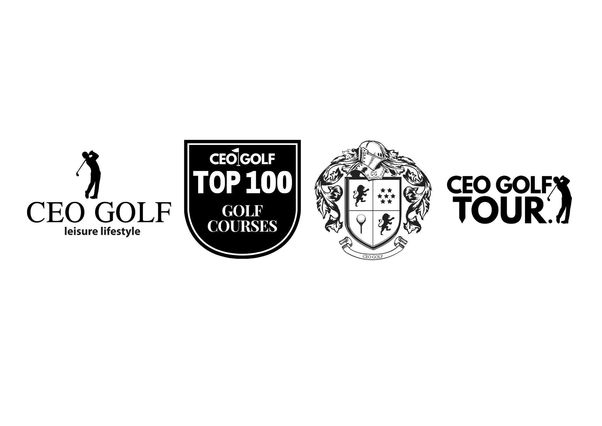 CEO GOLF trademarks: the CEO GOLF leisure lifestyle wordmark, the CEO GOLF Top 100 Golf Courses badge, the CEO GOLF crest, and the CEO GOLF Tour wordmark.